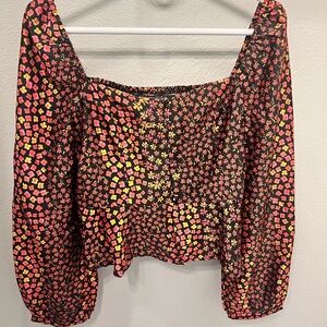 Honey Punch Black and Orange Puff Sleeve Blouse